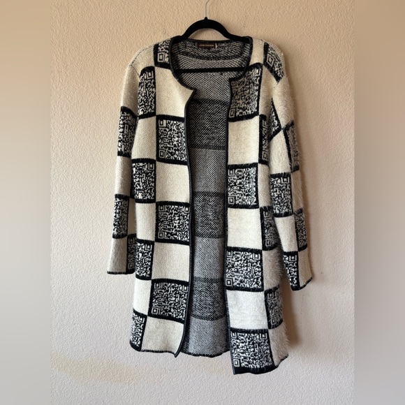 John Fashion‎ Cardigan Womens XL Checkerboard Fuzzy Wool Blend Hook N Eye - Picture 7 of 11